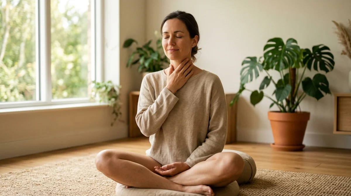 Personne en méditation tenant son cou, illustrant la signification spirituelle du mal aux cervicales dans un intérieur serein.