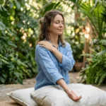 Personne apaisée dans un jardin libérant ses tensions pour illustrer la signification spirituelle du mal aux cervicales.