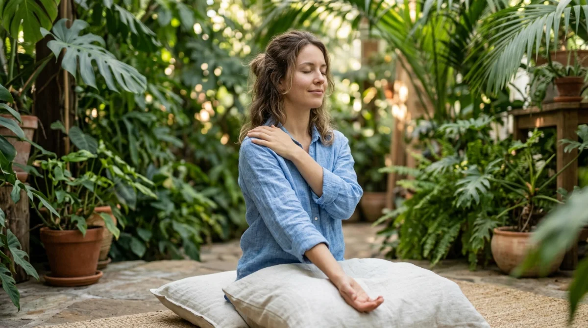 Personne apaisée dans un jardin libérant ses tensions pour illustrer la signification spirituelle du mal aux cervicales.