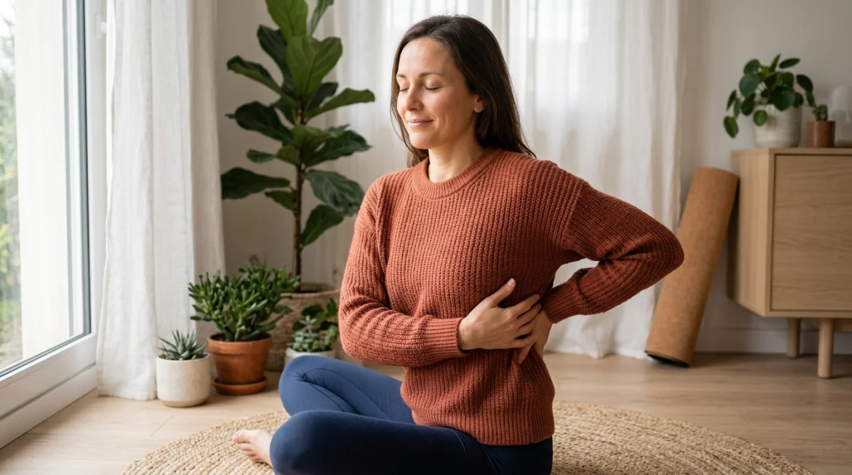 Personne en méditation touchant son dos côté gauche dans un intérieur lumineux, évoquant la signification spirituelle du mal.
