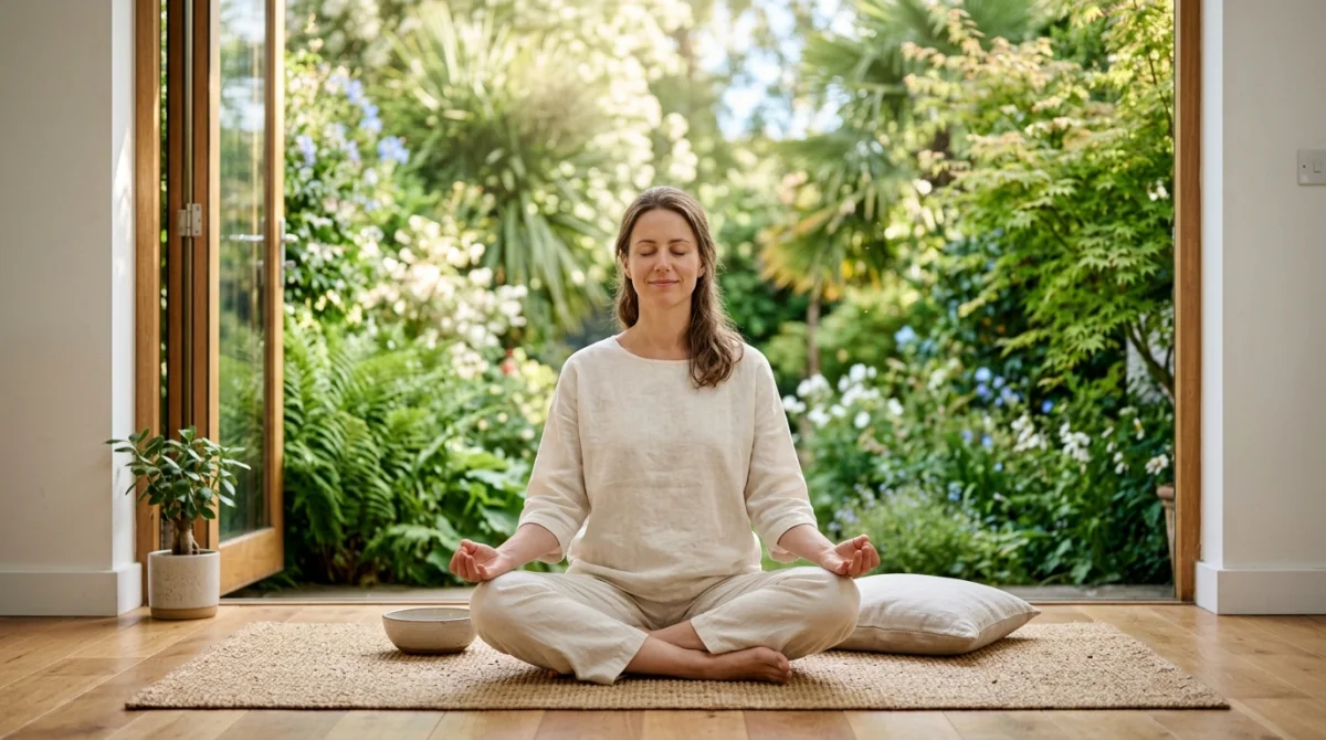 Personne sereine méditant dans un espace lumineux pour apaiser un mal de tête côté gauche signification spirituelle.
