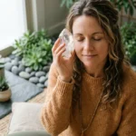 Personne sereine méditant avec un cristal près de l'oreille droite pour illustrer la signification spirituelle des sifflements.