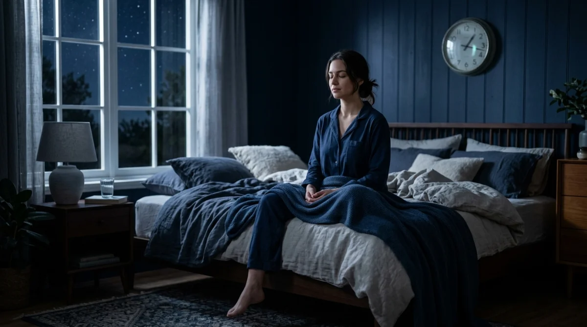 Personne sereine méditant dans une chambre éclairée par la lune, évoquant la signification spirituelle d'un réveil nocturne.