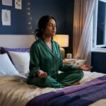 Personne sereine méditant sur son lit sous la lune pour illustrer la signification spirituelle du réveil nocturne.