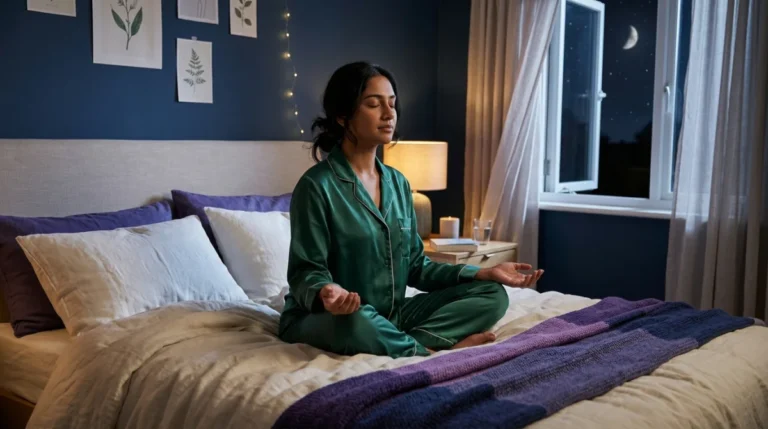 Personne sereine méditant sur son lit sous la lune pour illustrer la signification spirituelle du réveil nocturne.