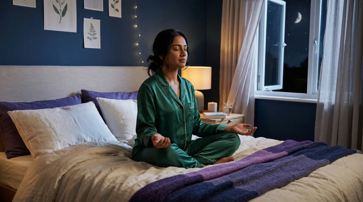 Personne sereine méditant sur son lit sous la lune pour illustrer la signification spirituelle du réveil nocturne.