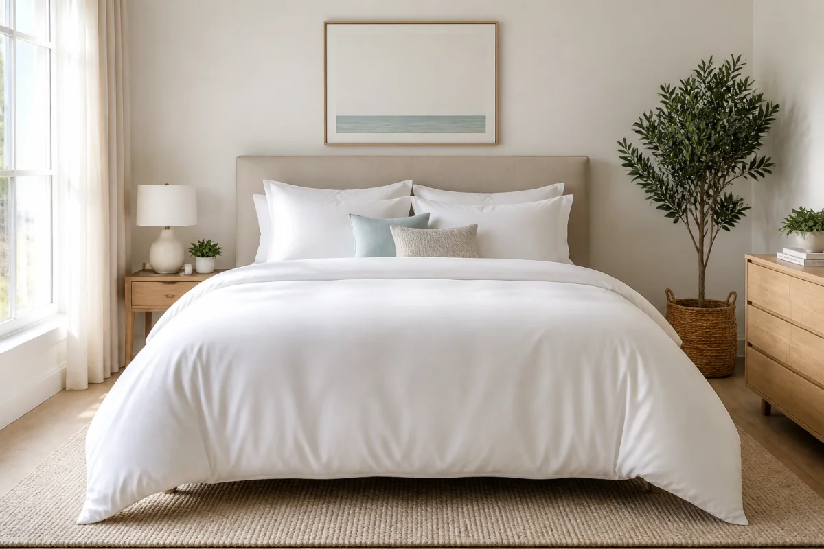 Lit double moderne avec couette blanche volumineuse, idéale pour choisir la taille de couette pour un lit 140x200.
