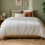 Couette 200x200 cm parfaitement centrée sur un lit simple 90x190 dans une chambre moderne et lumineuse.