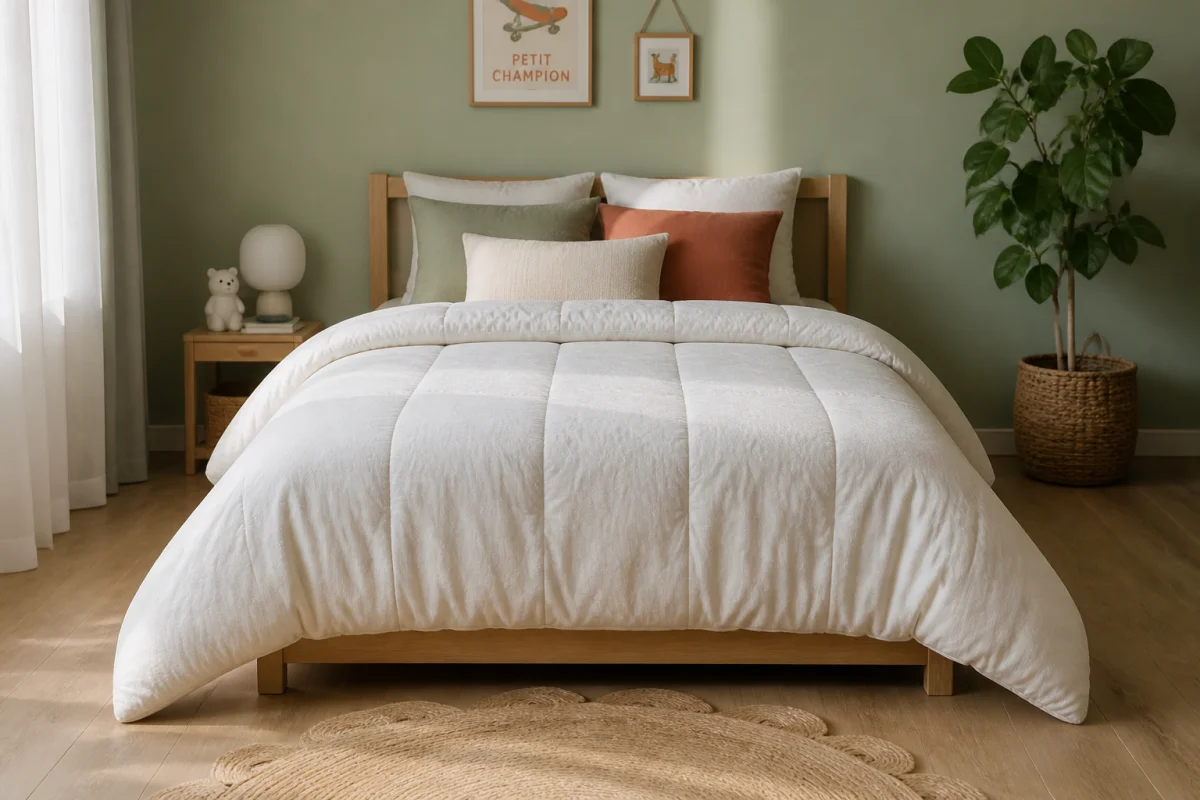 Couette 200x200 cm parfaitement centrée sur un lit simple 90x190 dans une chambre moderne et lumineuse.