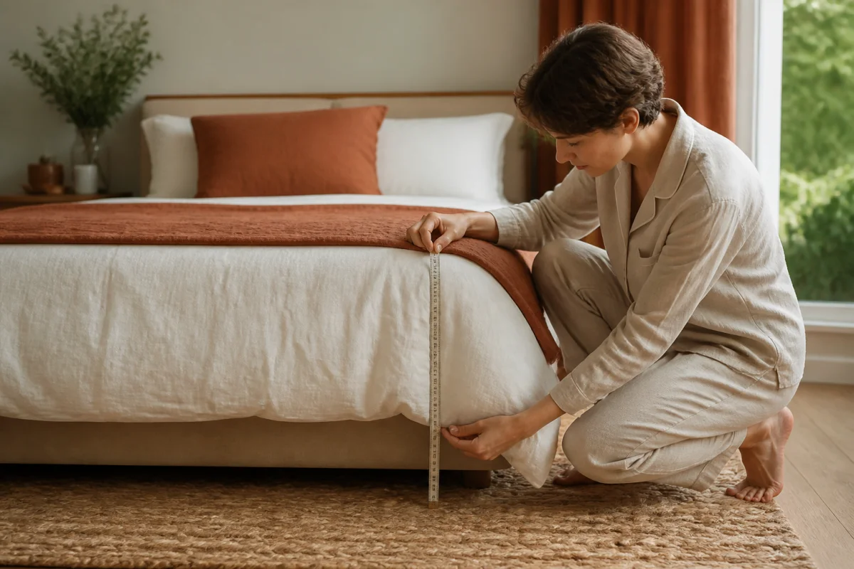 Personne mesurant la retombée d'une couette sur un lit 160x200 dans une chambre lumineuse et moderne.