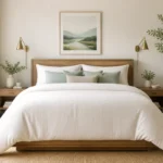 Lit double moderne avec couette volumineuse dans une chambre lumineuse, illustrant la taille de couette idéale pour 160x200.
