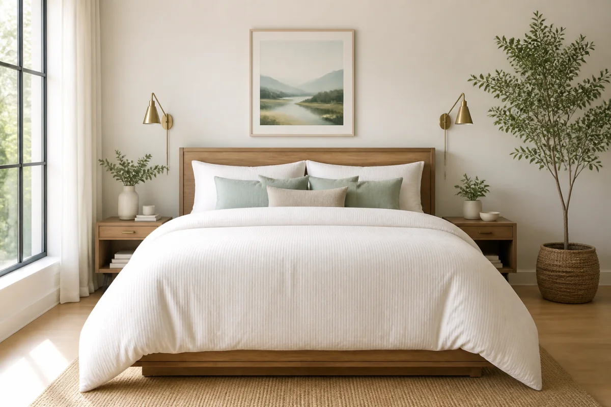 Lit double moderne avec couette volumineuse dans une chambre lumineuse, illustrant la taille de couette idéale pour 160x200.