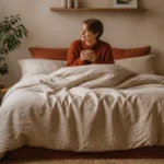 Personne confortable dans un lit 180x200 avec une couette ample et généreuse pour illustrer quelle taille de couette choisir.