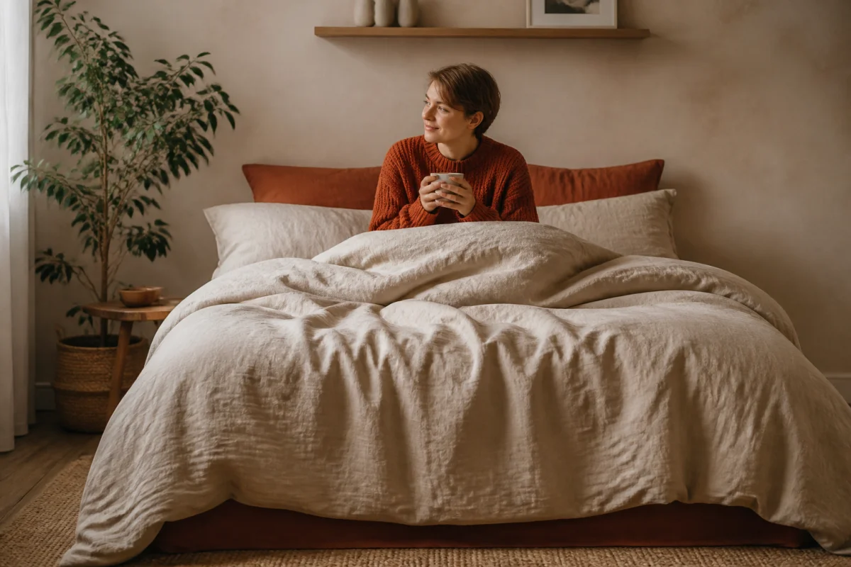 Personne confortable dans un lit 180x200 avec une couette ample et généreuse pour illustrer quelle taille de couette choisir.