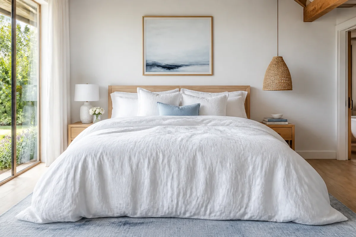 Couette moelleuse et généreuse parfaitement disposée sur un lit king size dans une chambre moderne et lumineuse.
