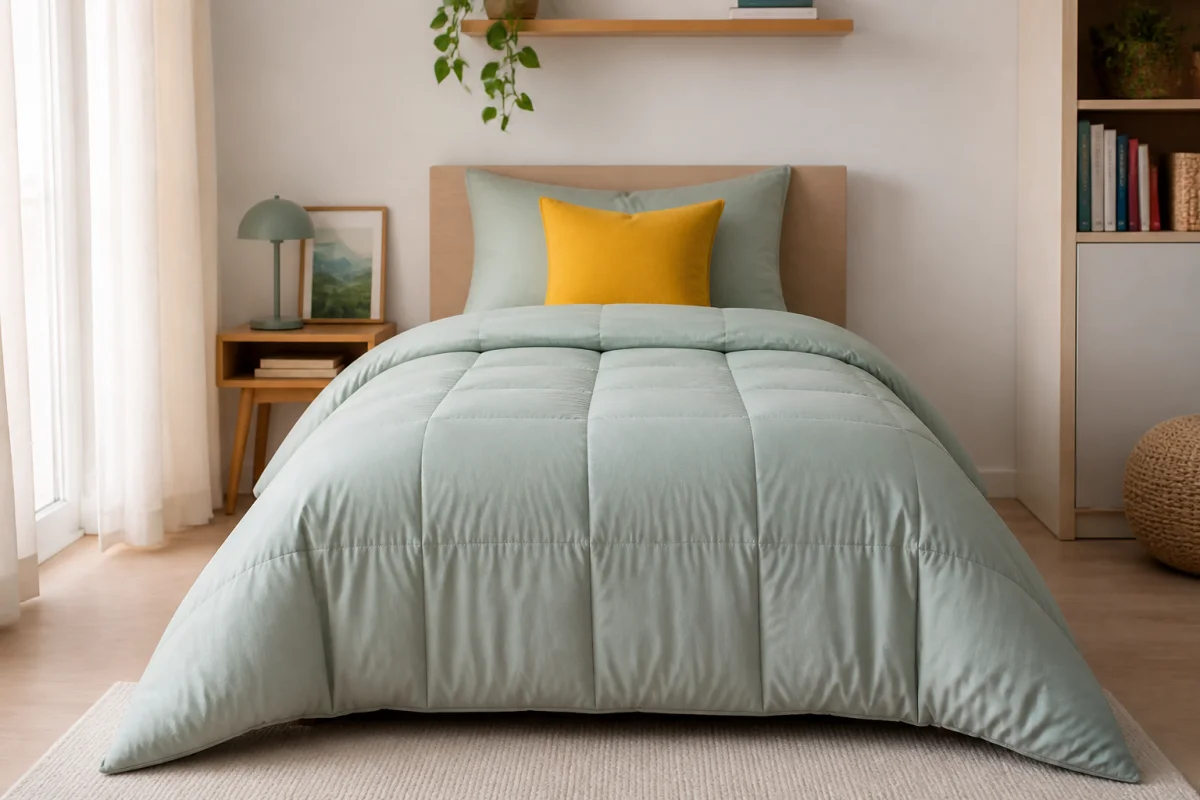Couette moelleuse bien installée sur un lit simple 90x190 dans une chambre moderne lumineuse et épurée.