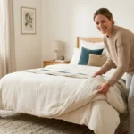 Personne ajustant une couette adaptée sur un lit double 140x190 dans une chambre lumineuse et minimaliste.