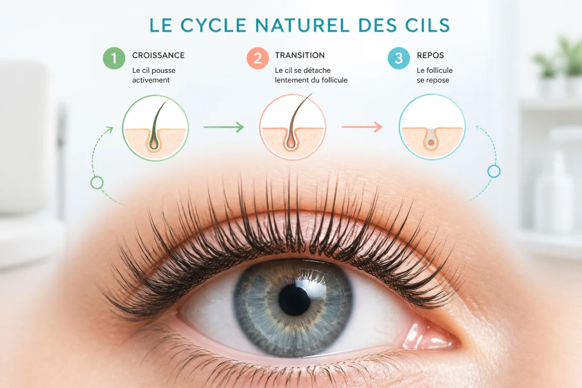 Gros plan d’un œil humain illustrant les trois phases du cycle naturel des cils : croissance, transition et repos