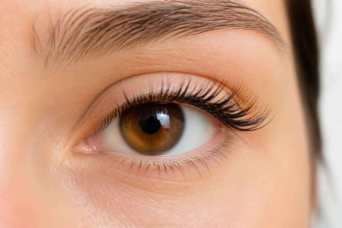 Gros plan d’un œil humain montrant des cils naturels, des extensions et des cils en phase de repousse saine