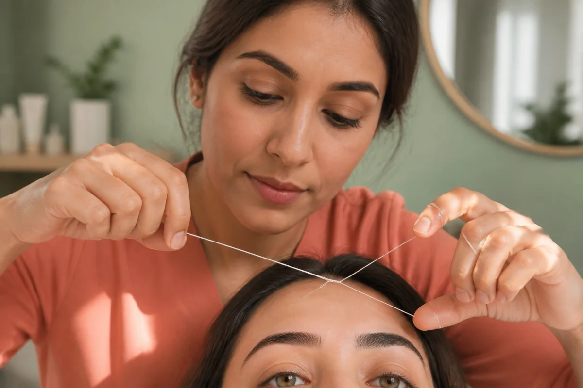Praticienne réalisant une épilation des sourcils au fil, fil tendu et torsion visible autour des poils sourciliers