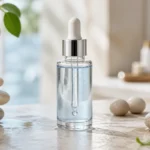 Flacon élégant d'essence cosmétique innovante posé sur une pierre polie dans un décor zen et naturel.