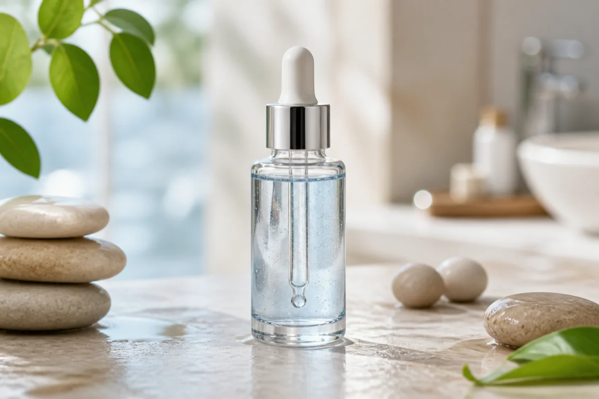 Flacon élégant d'essence cosmétique innovante posé sur une pierre polie dans un décor zen et naturel.