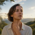 Adulte touchant son cou dans un paysage naturel lumineux, évoquant le mal de cou et sa signification spirituelle