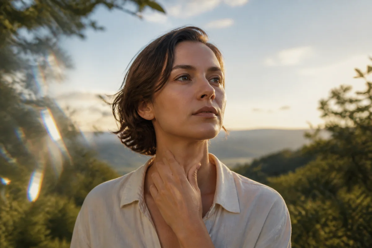 Adulte touchant son cou dans un paysage naturel lumineux, évoquant le mal de cou et sa signification spirituelle