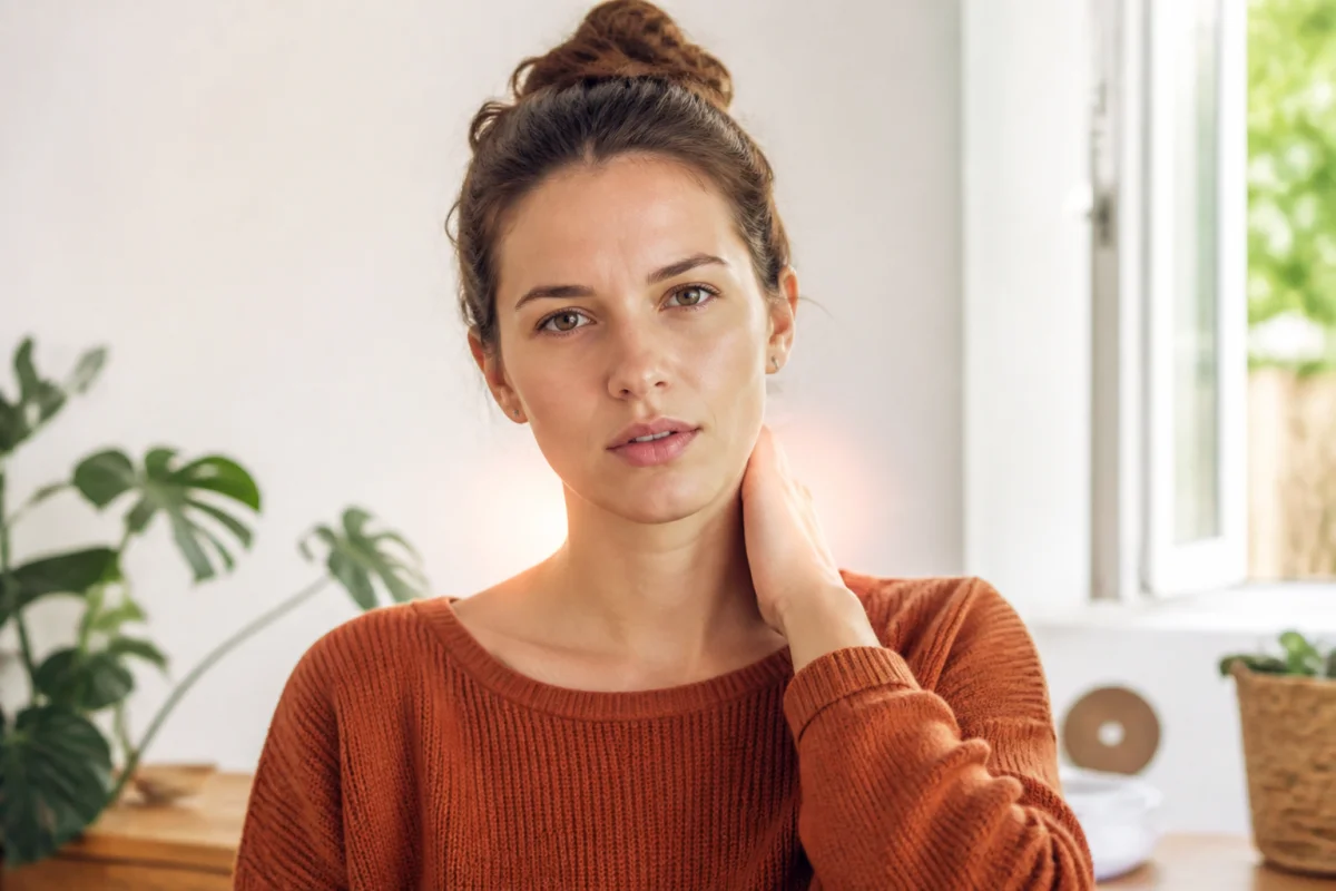 Personne tenant sa nuque, illustrant le mal de cou et sa signification spirituelle dans une atmosphère paisible