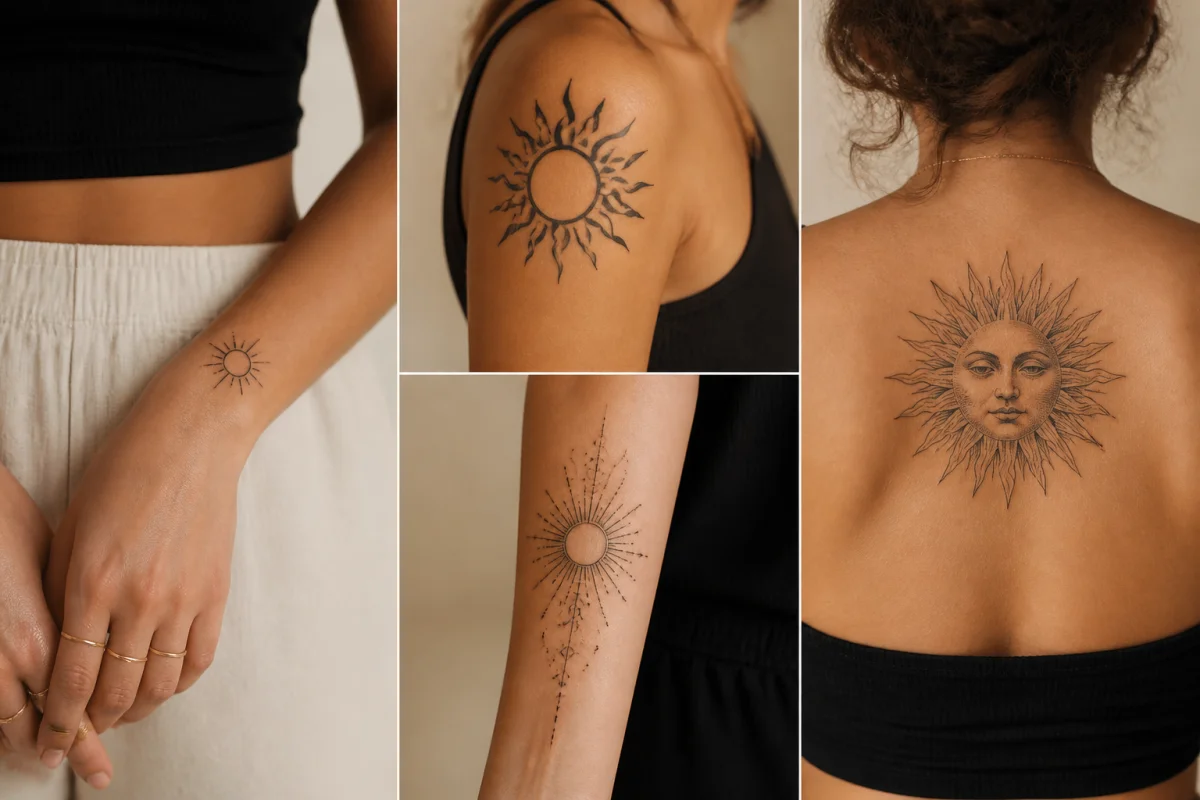 Personne présentant plusieurs tatouages de soleil, minimaliste, tribal, géométrique et réaliste, illustrant leur symbolique personnelle