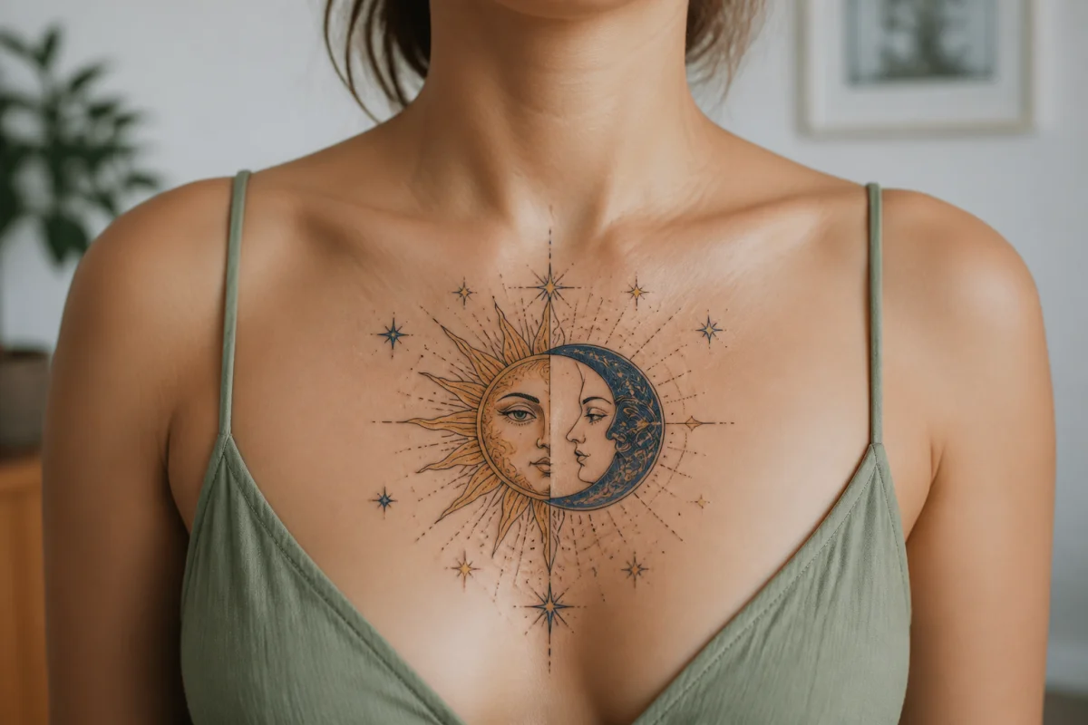 Tatouage solaire et lunaire symétrique sur la poitrine, illustrant l’équilibre entre énergie solaire et intuition lunaire
