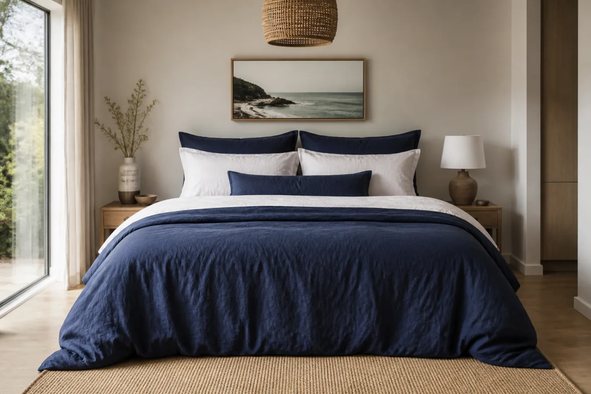 Chambre moderne avec lit king size et housse de couette élégante pour illustrer quelle taille choisir en 180x200.