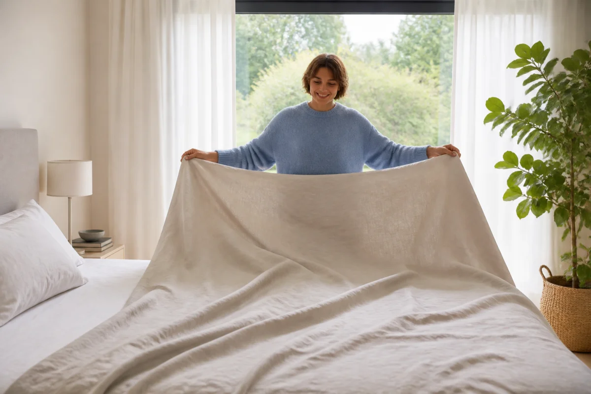 Personne souriante installant une grande housse de couette en lin sur un lit king size dans une chambre lumineuse.