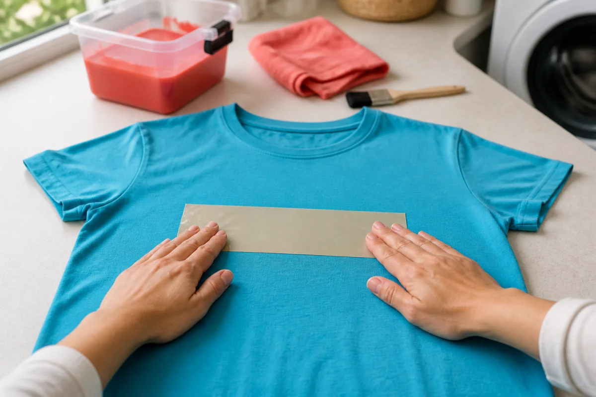 Vêtement bleu turquoise avec logo masqué par un ruban adhésif avant teinture, outils textiles en arrière-plan