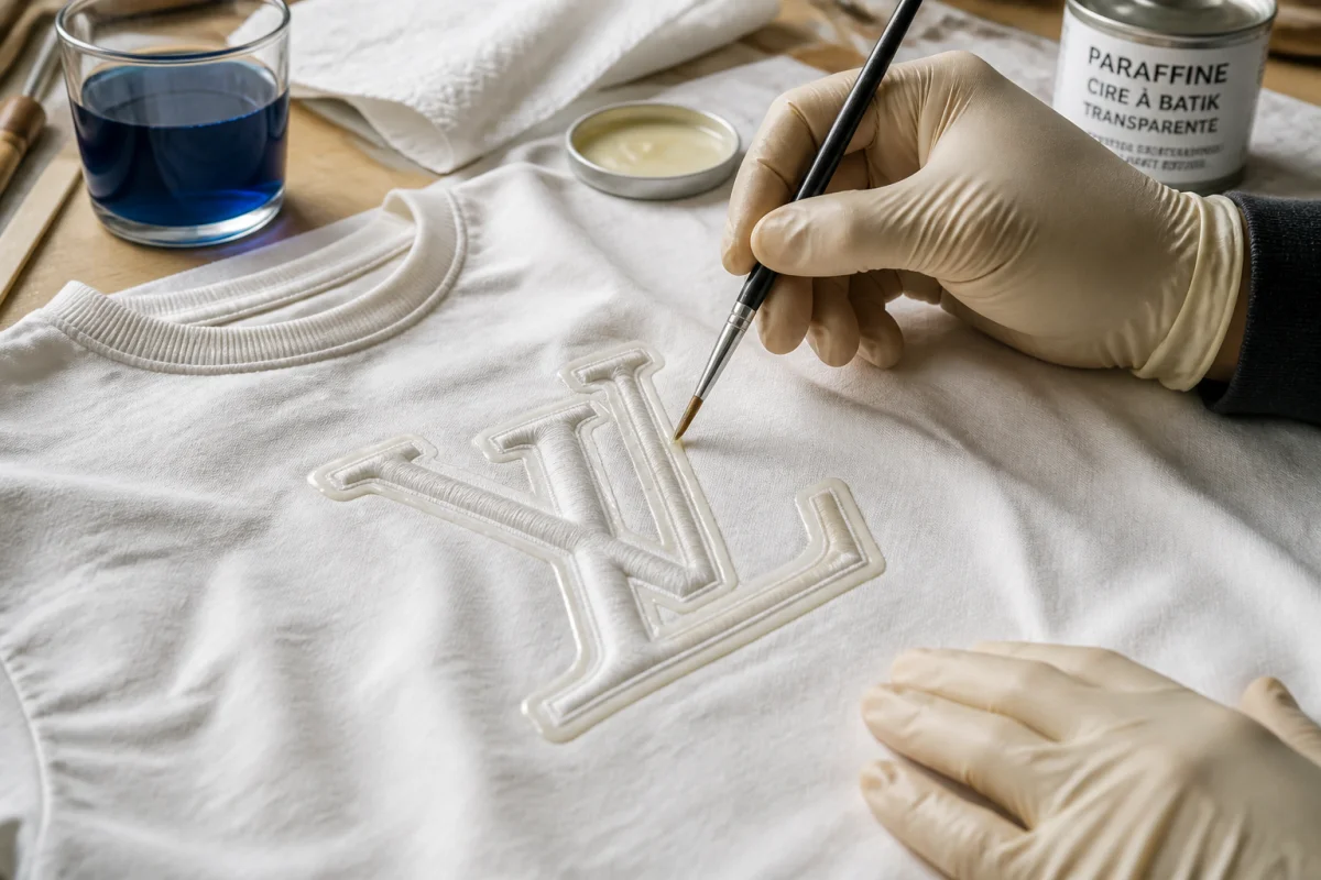 Mains appliquant de la cire autour d’un logo cousu pour protéger le motif avant de teindre le vêtement en bleu