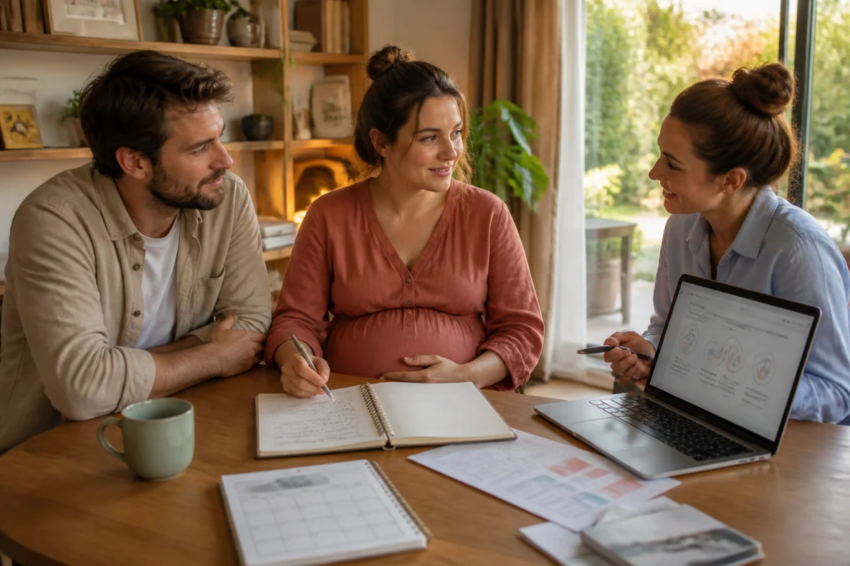 Personne enceinte préparant sereinement son projet pour accoucher en maison de naissance avec partenaire et sage-femme