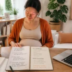 Personne enceinte préparant sereinement son projet Accoucher Maison Naissance avec carnet de naissance et ordinateur portable