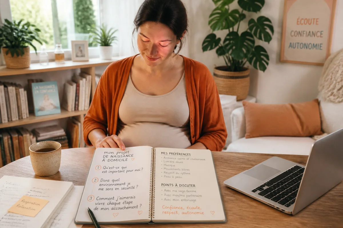Personne enceinte préparant sereinement son projet Accoucher Maison Naissance avec carnet de naissance et ordinateur portable