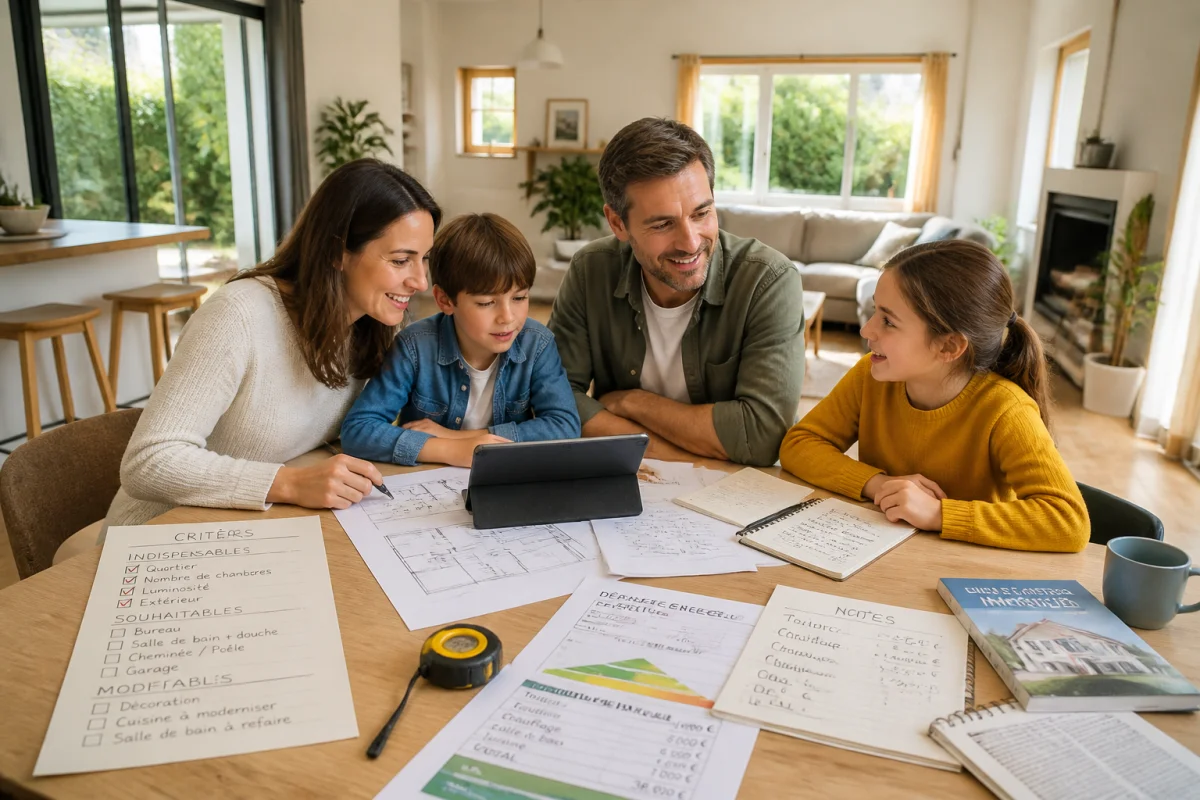 Acheter un bien immobilier en famille : famille examinant une checklist et des documents dans une maison lumineuse