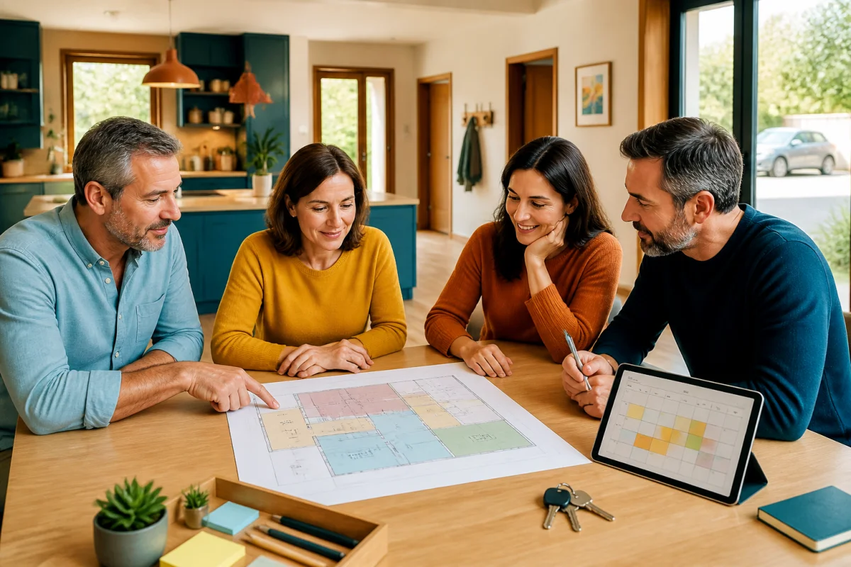Familles réunies autour d’un plan de maison pour acheter un bien immobilier en famille sereinement