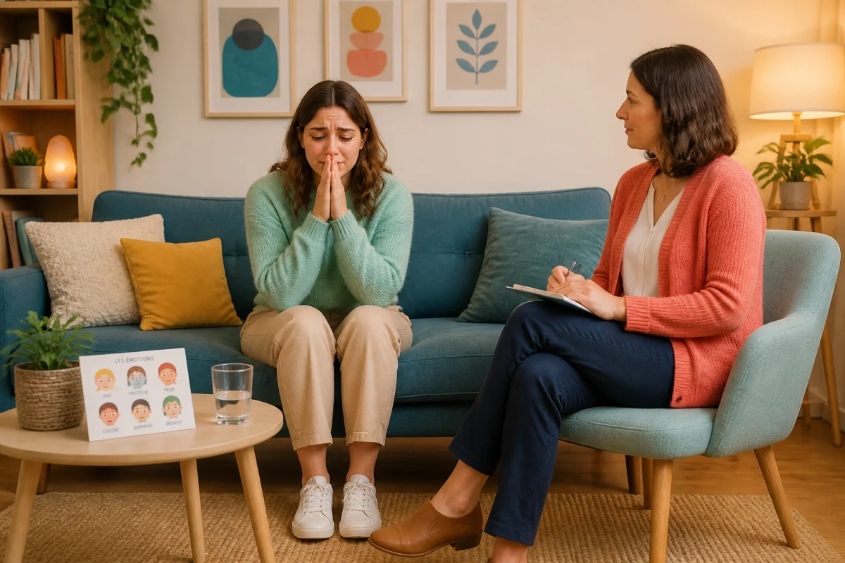 Adulte aidant calmement un enfant à mettre des mots sur ses émotions dans un salon familial chaleureux