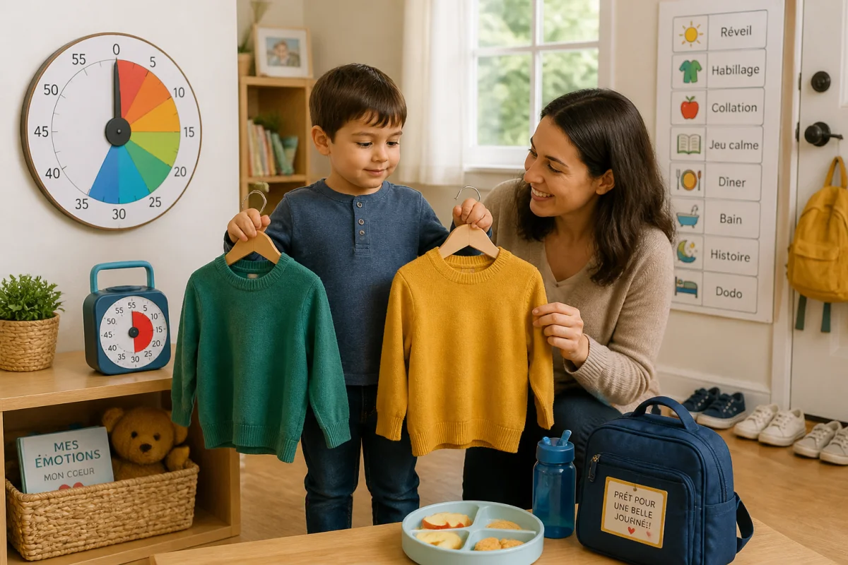 Enfant choisissant entre deux pulls colorés avec un adulte bienveillant, minuteur visuel et routine familiale en arrière-plan