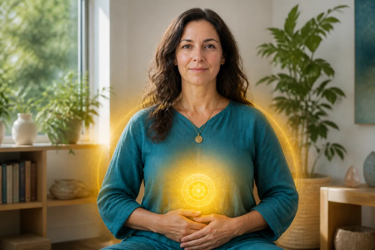 Personne sereine entourée d’une aura jaune lumineuse au niveau du plexus solaire, symbole du chakra doré