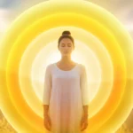 Silhouette sereine entourée de quatre halos jaunes illustrant la signification de l’aura jaune dans un cadre naturel paisible