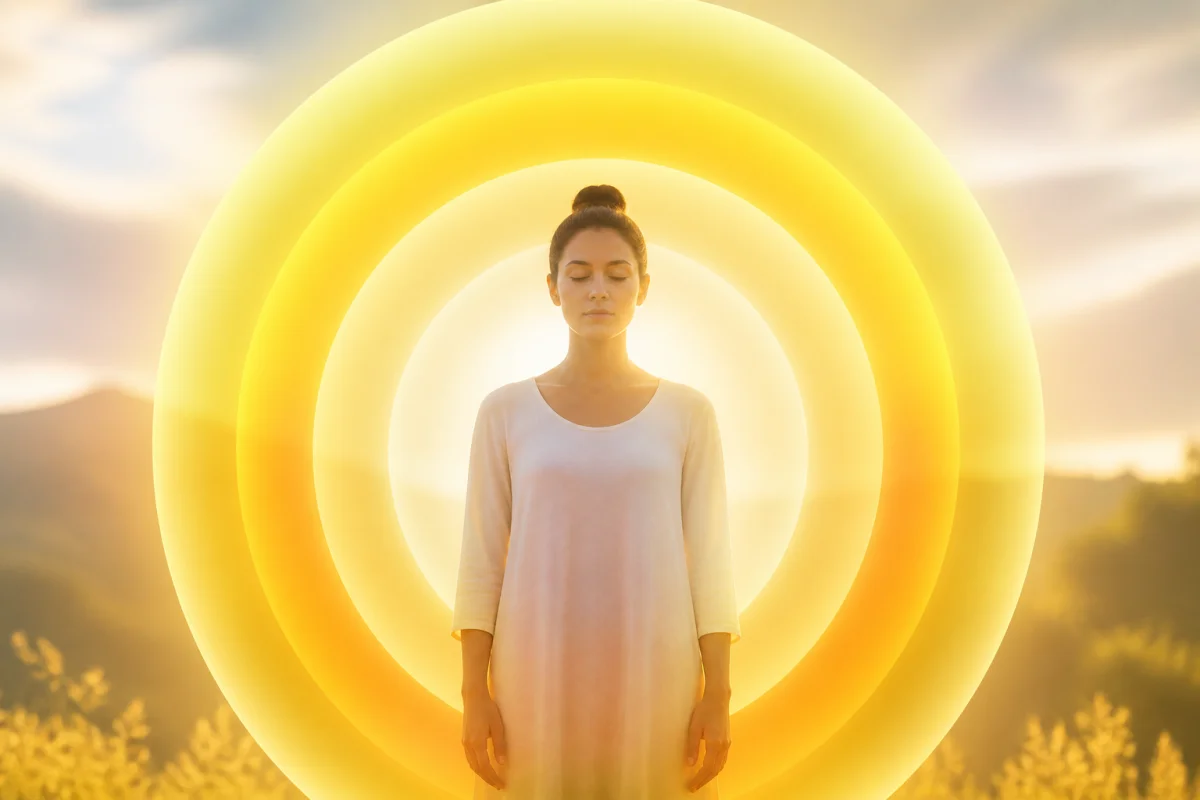 Silhouette sereine entourée de quatre halos jaunes illustrant la signification de l’aura jaune dans un cadre naturel paisible