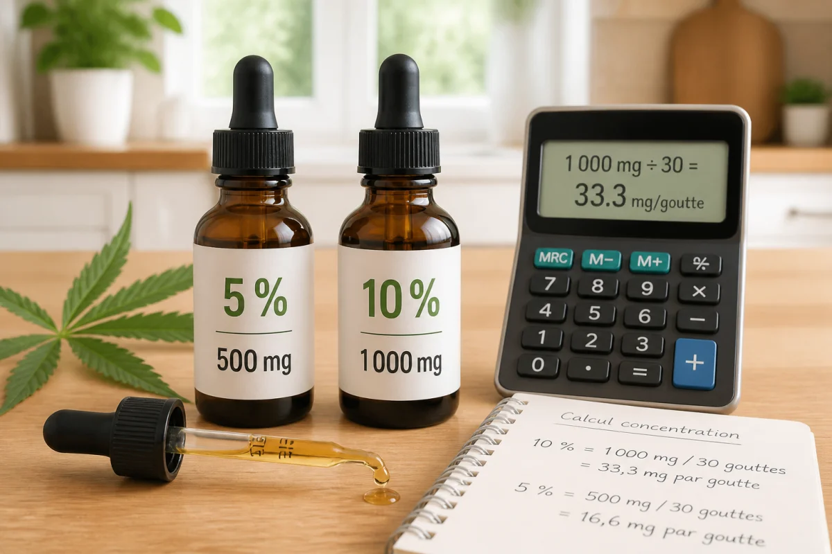 Deux flacons d’huile de CBD bio à 5 % et 10 %, compte-gouttes et calculatrice pour comparer les concentrations
