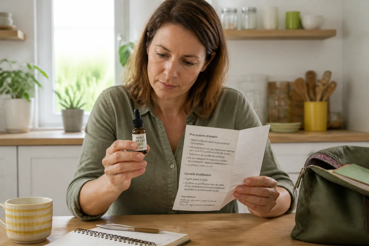 Mère lisant l’étiquette d’une huile de CBD bio avec compte-gouttes et notice de précaution dans une cuisine lumineuse