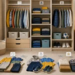 Garde-robe d’enfant organisée avec vêtements quotidiens, tenues de sport et pièces habillées, illustrant comment choisir les vêtements enfants