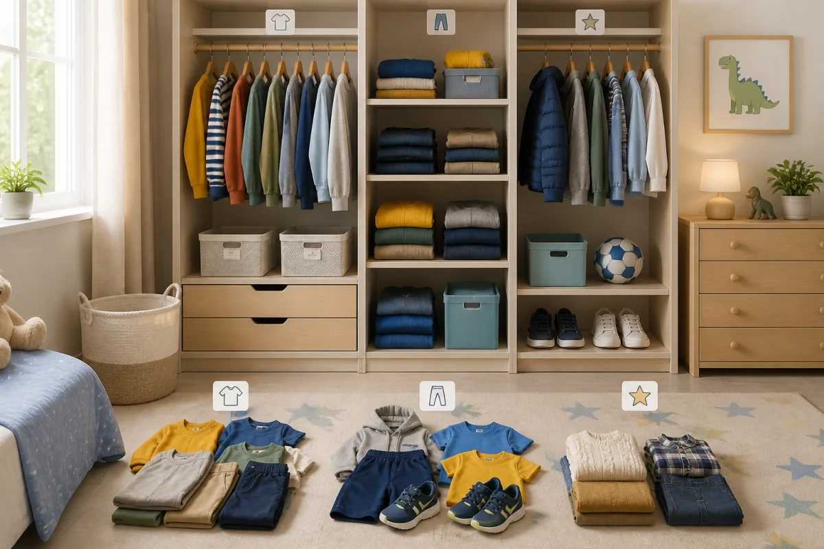 Garde-robe d’enfant organisée avec vêtements quotidiens, tenues de sport et pièces habillées, illustrant comment choisir les vêtements enfants