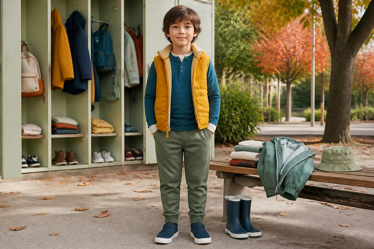 Enfant en tenue confortable superposée dans une cour d’école, illustrant comment choisir les vêtements enfants selon la météo